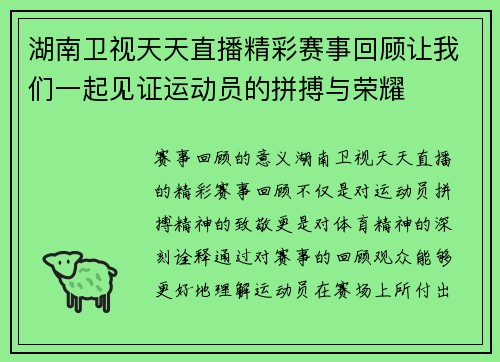 湖南卫视天天直播精彩赛事回顾让我们一起见证运动员的拼搏与荣耀